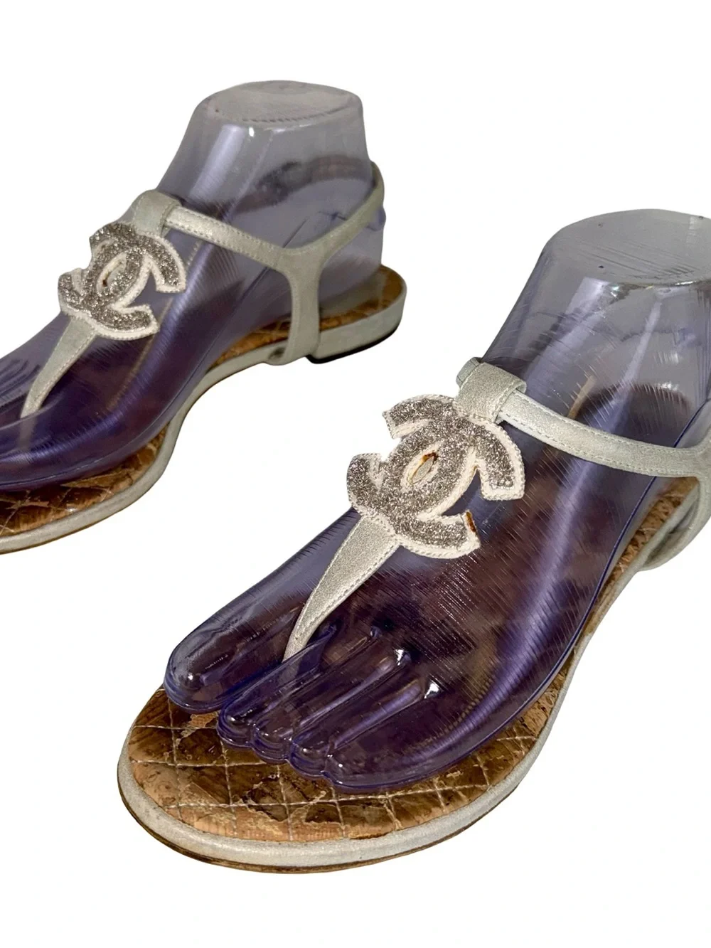 CHANEL GLITTER-EMBOSSED T-STRAP SANDALS